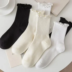 1-Pair-Ladies-Socks-Ruffle-Middle-Tube-Ankle-High-Shirring-Edge-Striped-Women-Mid-tube-Socks