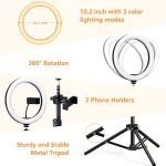 10-2-inch-Selfie-Ring-Light-with-Tripod-Stand-2-Phone-Holders-Dimmable-Led-Camera-Ringlight-4