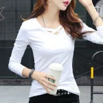 2023-Autumn-New-Cotton-T-shirt-Women-V-Neck-Solid-Color-Casual-T-Shirt-Tees-Daily-1