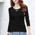 2023-Autumn-New-Cotton-T-shirt-Women-V-Neck-Solid-Color-Casual-T-Shirt-Tees-Daily-2