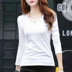 2023-Autumn-New-Cotton-T-shirt-Women-V-Neck-Solid-Color-Casual-T-Shirt-Tees-Daily-3