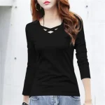 2023-Autumn-New-Cotton-T-shirt-Women-V-Neck-Solid-Color-Casual-T-Shirt-Tees-Daily-5