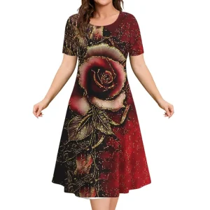 2023-New-Women-s-Dresses-3d-Flowers-Pattern-Short-Sleeve-Tops-Casual-Fashion-A-Line-Skirt-1
