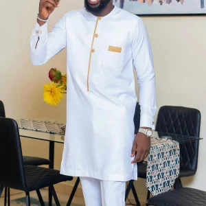 2023-White-Men-Suit-Set-wedding-Luxury-Solid-Color-Tops-Pants-With-Pockets-Kaftan-Outfits-2piece