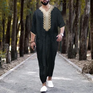 2024-Islam-Kaftan-Muslim-Men-Robe-Moroccan-V-Neck-Retro-Golden-Printed-Loose-Breathable-Djellaba-Abaya