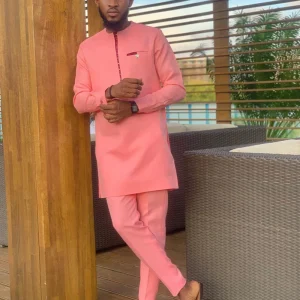 2024-Kaftan-Elegant-African-Style-Men-s-Suit-Pink-Long-Sleeve-Simple-Shirt-and-Casual-Pants-1