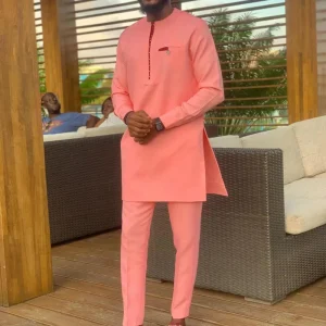 2024-Kaftan-Elegant-African-Style-Men-s-Suit-Pink-Long-Sleeve-Simple-Shirt-and-Casual-Pants