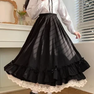 Black-Long-Skirts-Women-Japanese-Kawaii-Preppy-Style-Lolita-Skirt-Female-French-Vintage-Double-Layer-Lace-1