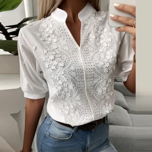 Chic-Solid-Hollow-out-V-Neck-Lace-Blouse-Floral-Patterns-Embroidery-Decoration-Casual-Women-Shirt-Puff-1