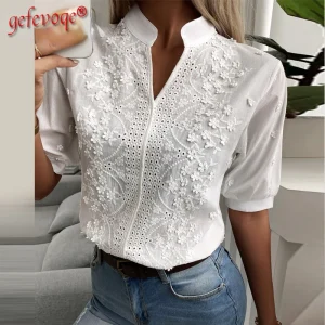Chic-Solid-Hollow-out-V-Neck-Lace-Blouse-Floral-Patterns-Embroidery-Decoration-Casual-Women-Shirt-Puff
