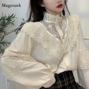 Fashion-Korean-Lace-Up-Ruffled-Blouses-Women-Autumn-Sweet-Loose-Clothes-Stand-Collat-Ladies-Tops-Vintage