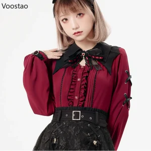 Harajuku-Gothic-Lolita-Shirt-Japanese-Y2k-Aesthetic-Bow-Lace-Hollow-Out-Bat-Collar-Long-Sleeve-Blouse
