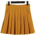 Pleated-Skirt-with-Pockets-Women-s-Autumn-Yellow-Preppy-Style-Elastic-High-Waist-A-Line-Slimming-4