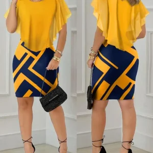 Short-Sleeve-Elegant-Dresses-for-Women-Geometric-Print-Ruffle-Hem-Bodycon-Skinny-Mini-Dress-New-Fashion