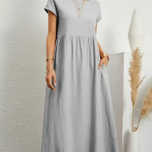 Women-Elegant-Solid-Maxi-Dress-Summer-Short-Sleeve-O-Neck-Vintage-Harajuku-Cotton-Linen-Loose-Sundress-1
