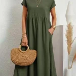 Women-Elegant-Solid-Maxi-Dress-Summer-Short-Sleeve-O-Neck-Vintage-Harajuku-Cotton-Linen-Loose-Sundress-3