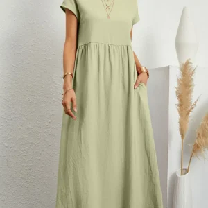 Women-Elegant-Solid-Maxi-Dress-Summer-Short-Sleeve-O-Neck-Vintage-Harajuku-Cotton-Linen-Loose-Sundress