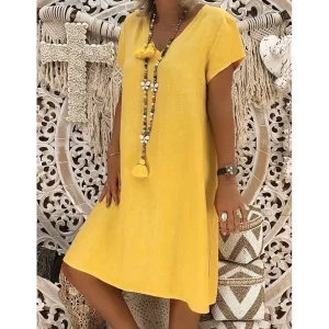 Women-s-Summer-Solid-Color-Cotton-and-Linen-Dress-V-Neck-Short-Sleeve-Plus-Size-Loose-1