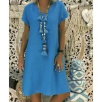 Women-s-Summer-Solid-Color-Cotton-and-Linen-Dress-V-Neck-Short-Sleeve-Plus-Size-Loose-3