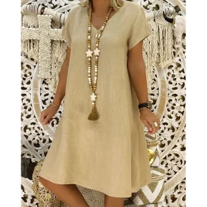 Women-s-Summer-Solid-Color-Cotton-and-Linen-Dress-V-Neck-Short-Sleeve-Plus-Size-Loose