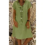 Women-s-Summer-Solid-Color-Cotton-and-Linen-Dress-V-Neck-Short-Sleeve-Plus-Size-Loose-4