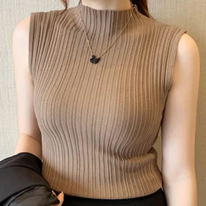 2024-Summer-Turtleneck-Ribbed-Tank-Tops-Women-Camisole-Sleeveless-Slim-Female-stripe-Croped-Vest-Casual-Solid