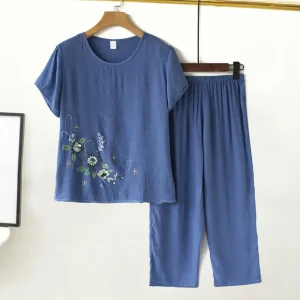 2Pcs-Set-Middle-aged-Mother-Top-Cropped-Pants-Set-Print-Flower-Print-Wide-Leg-Pants-Set