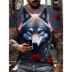 3D-Red-Rose-Wolf-Head-Print-T-Shirt-For-Men-Fashion-Casual-O-neck-Short-Sleeve