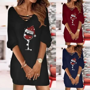 Christmas-Women-s-Dresses-2023-Fashion-Wine-Glass-Print-Casual-V-Neck-Half-Sleeve-Xmas-New-7