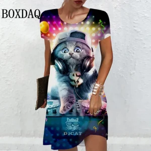 Fashion-Street-Creative-Cat-Hip-Hop-Dresses-For-Women-2024-Summer-Short-Sleeve-3D-Print-Mini-1