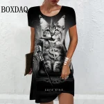 Fashion-Street-Creative-Cat-Hip-Hop-Dresses-For-Women-2024-Summer-Short-Sleeve-3D-Print-Mini