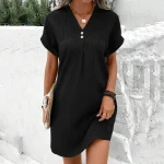 Fashion-Summer-Dresses-2024-New-Solid-Colour-Loose-V-Neck-Button-Down-Women-Dresses-Casual-Comfortable-2