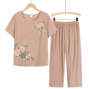 Summer-Women-Homewear-Set-Short-Sleeve-Floral-Print-T-shirt-Pants-Loose-Two-Pieces-Set-Women