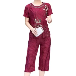 Summer-Women-Pant-Set-Pajamas-Suit-O-Neck-Floral-Print-Short-Sleeve-T-shirt-Pants-Loose