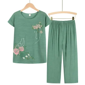 Summer-Women-Pants-Pajama-Set-Short-Sleeve-Floral-Print-Suits-T-shirt-Pants-Loose-Two-Pieces-1